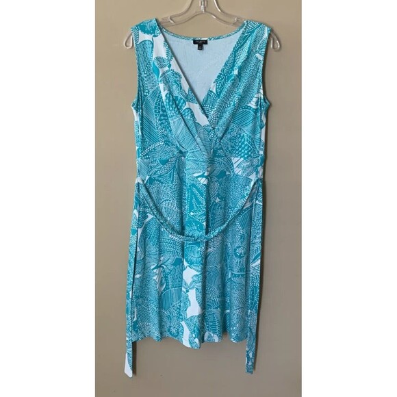 Talbots Woman Dress With Tie Sleeveless Size X Floral Turquoise White Stretch B2 - Picture 1 of 3